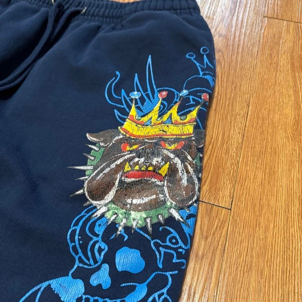 Ed Hardy Men's Sweatpants Large Y2K Grunge Goth Cotton Navy Blue Bulldog